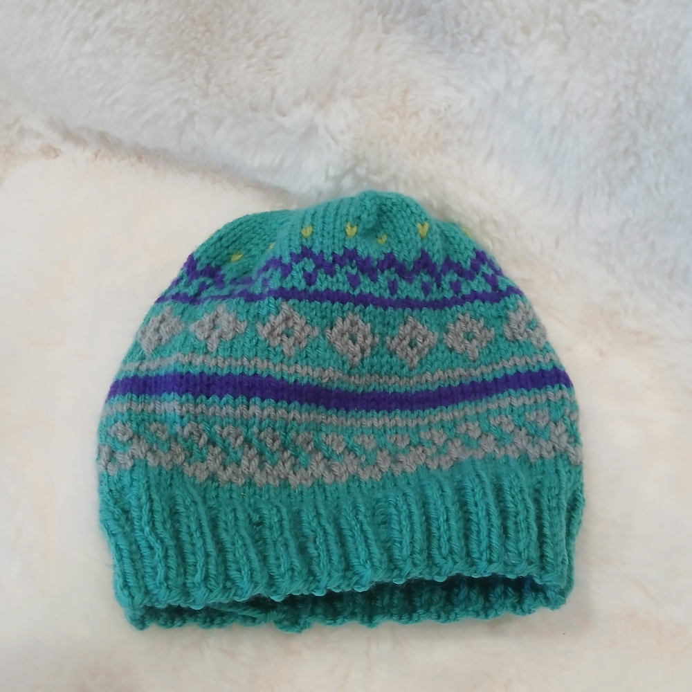 Hand-Knit Teal & Purple Fair Isle Beanie - Retro Geometric Ski Hat